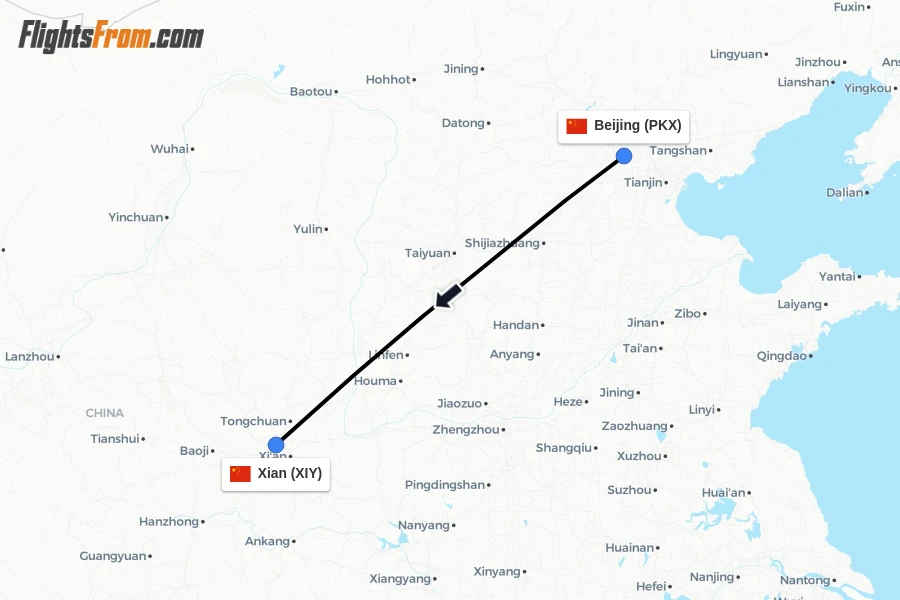 Flights from Beijing to Xian route map
