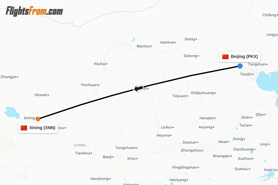 Flights from Beijing to Xining route map