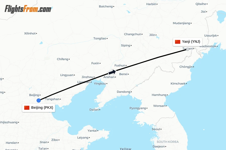Flights from Beijing to Yanji route map