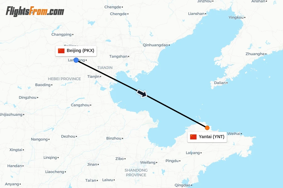 Flights from Beijing to Yantai route map
