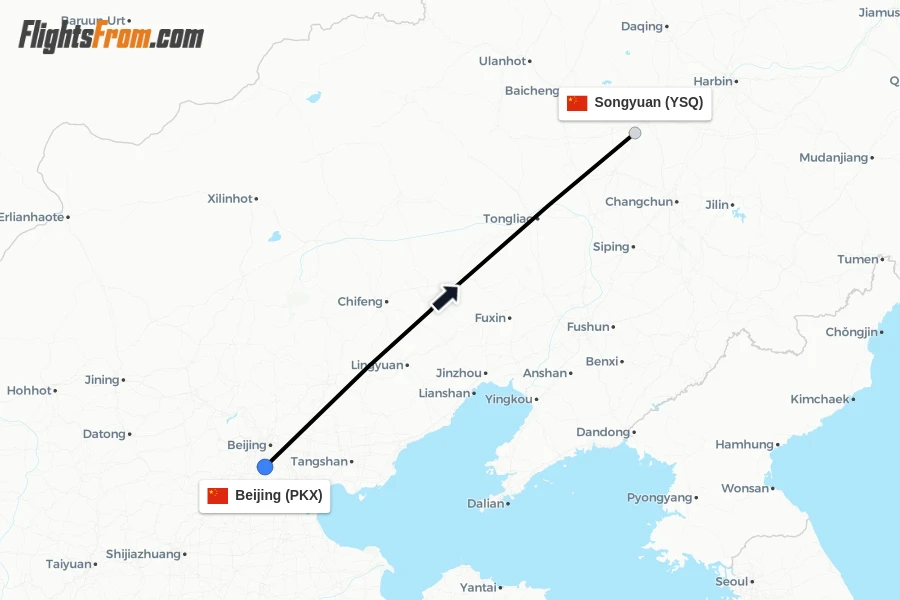 Flights from Beijing to Songyuan route map