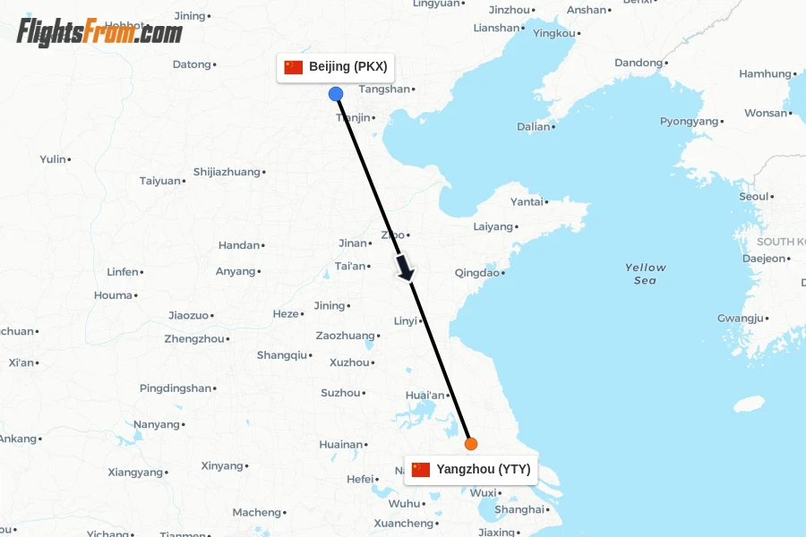 Flights from Beijing to Yangzhou route map