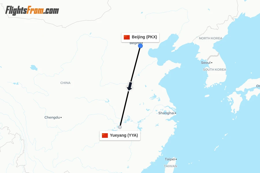 Flights from Beijing to Yueyang route map