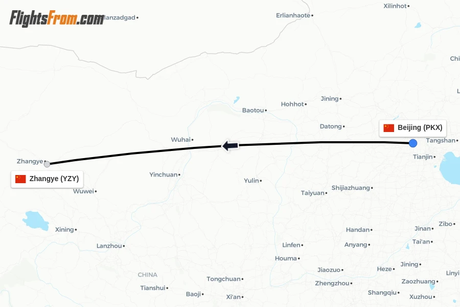 Flights from Beijing to Zhangye route map