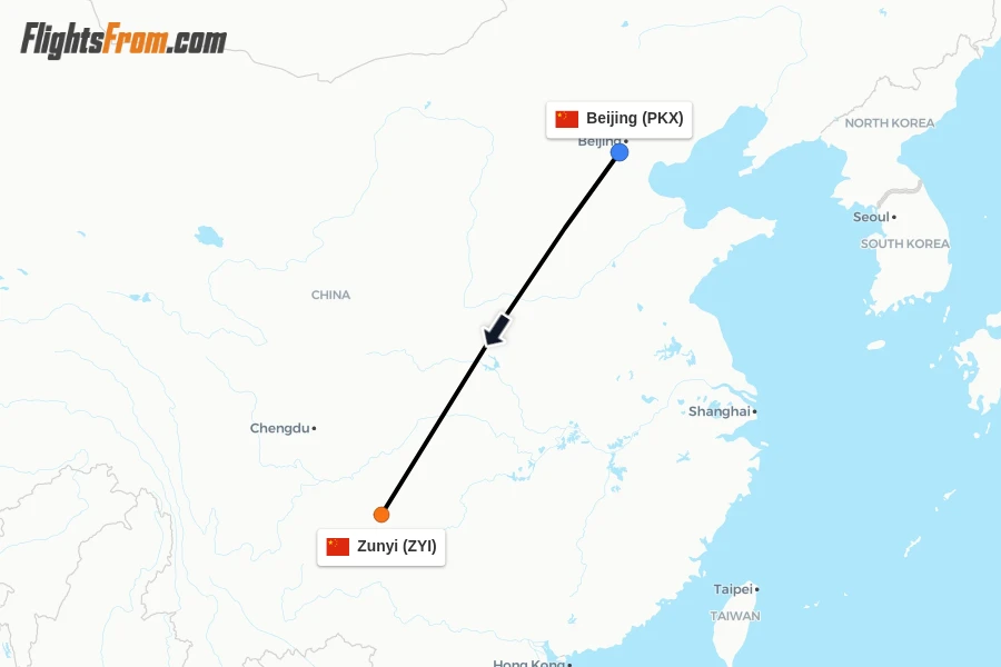 Flights from Beijing to Zunyi route map