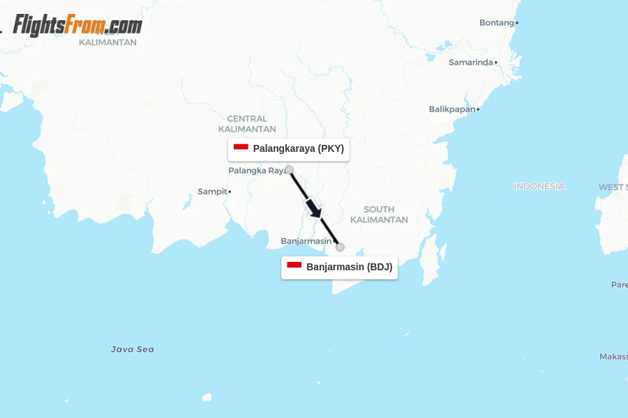 Flights from Palangkaraya to Banjarmasin route map
