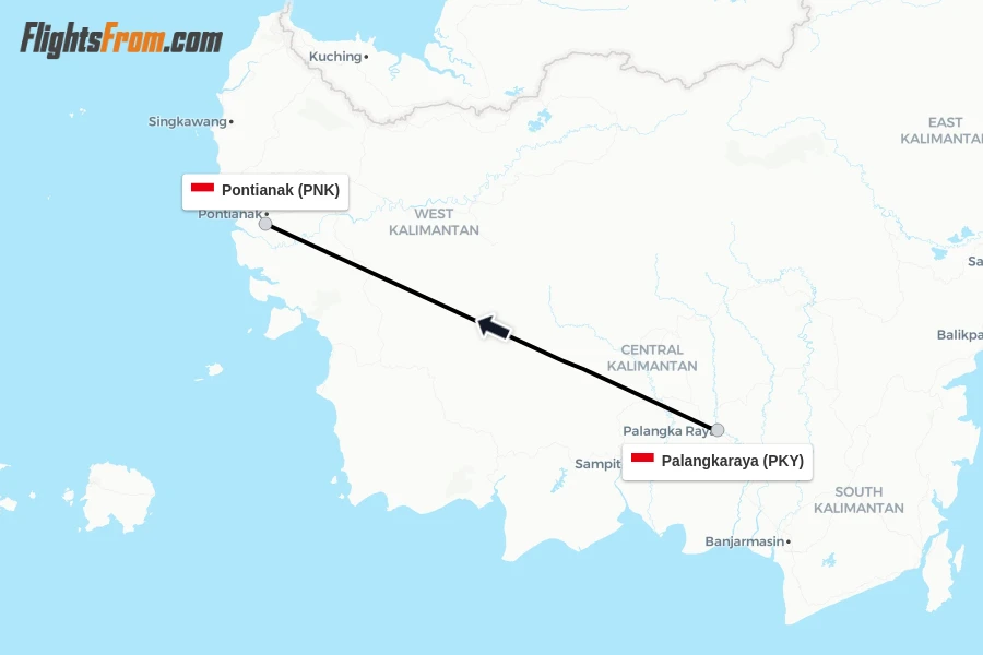Flights from Palangkaraya to Pontianak route map