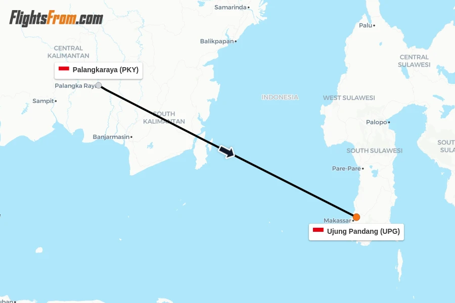 Flights from Palangkaraya to Ujung Pandang route map