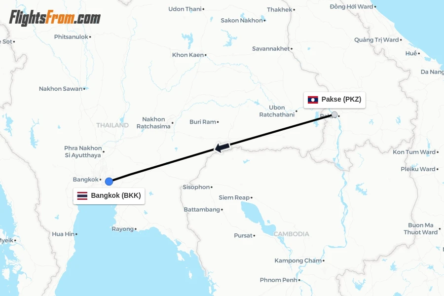 Flights from Pakse to Bangkok route map