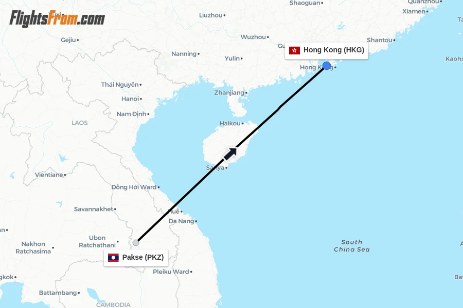 Flights from Pakse to Hong Kong route map