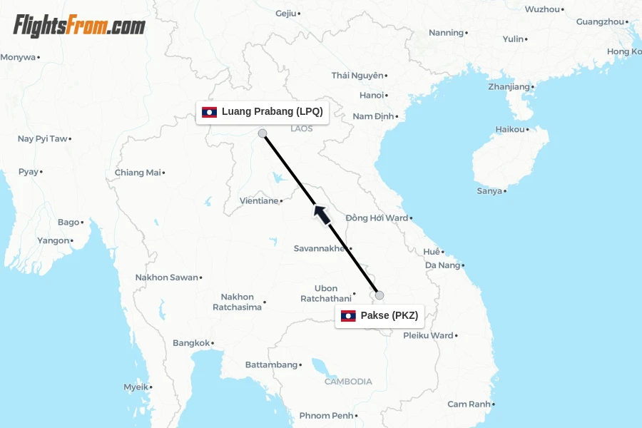 Flights from Pakse to Luang Prabang route map