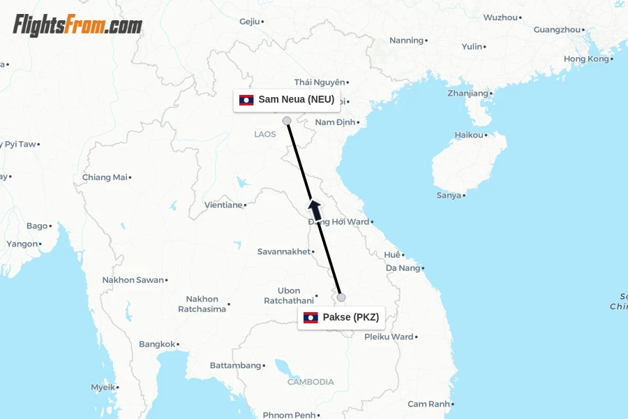 Flights from Pakse to Sam Neua route map