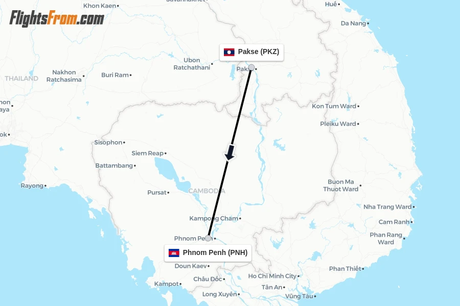 Flights from Pakse to Phnom Penh route map