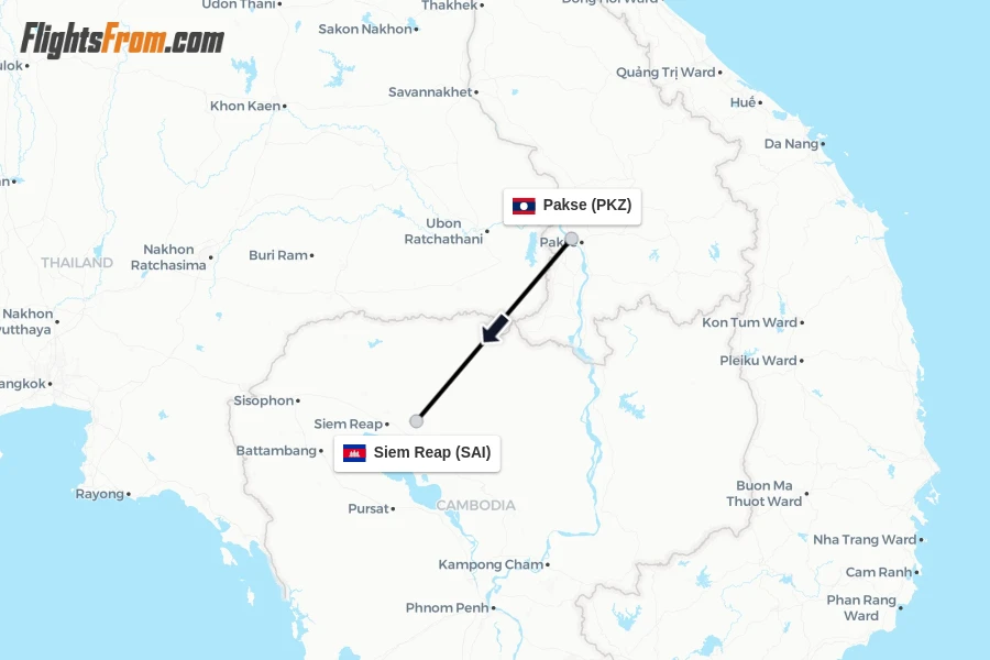 Flights from Pakse to Siem Reap route map