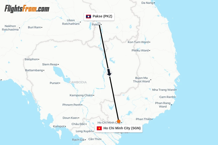 Flights from Pakse to Ho Chi Minh City route map