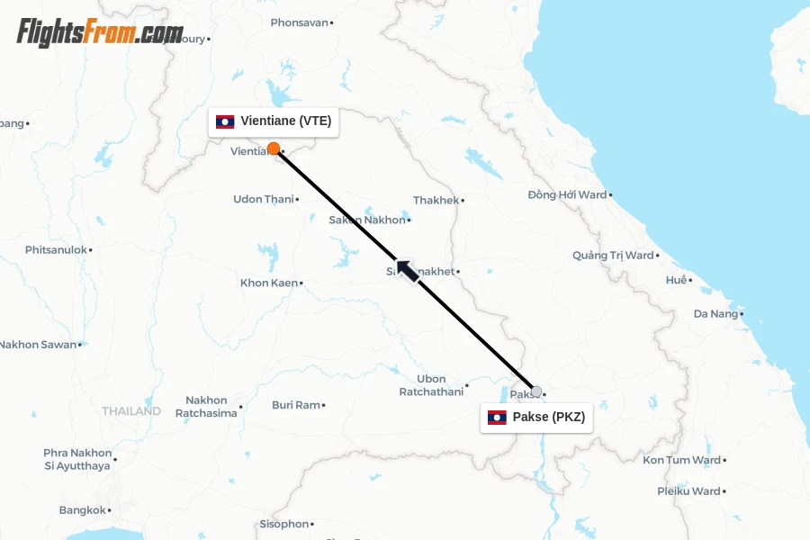 Flights from Pakse to Vientiane route map