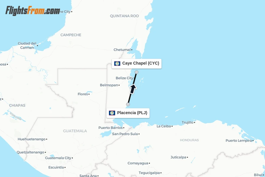 Flights from Placencia to Caye Chapel route map