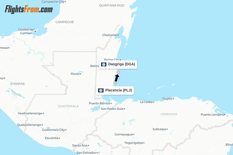 Flights from Placencia to Dangriga route map