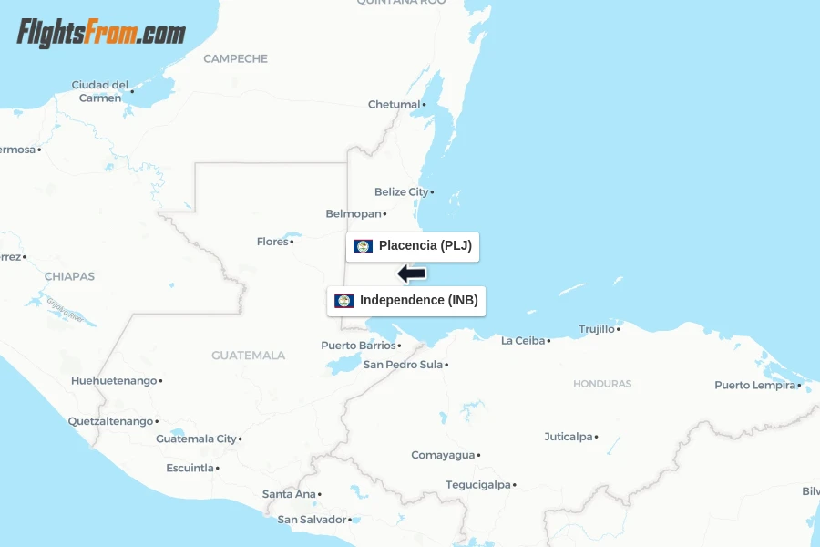 Flights from Placencia to Independence route map