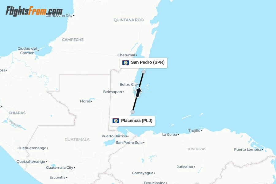Flights from Placencia to San Pedro route map