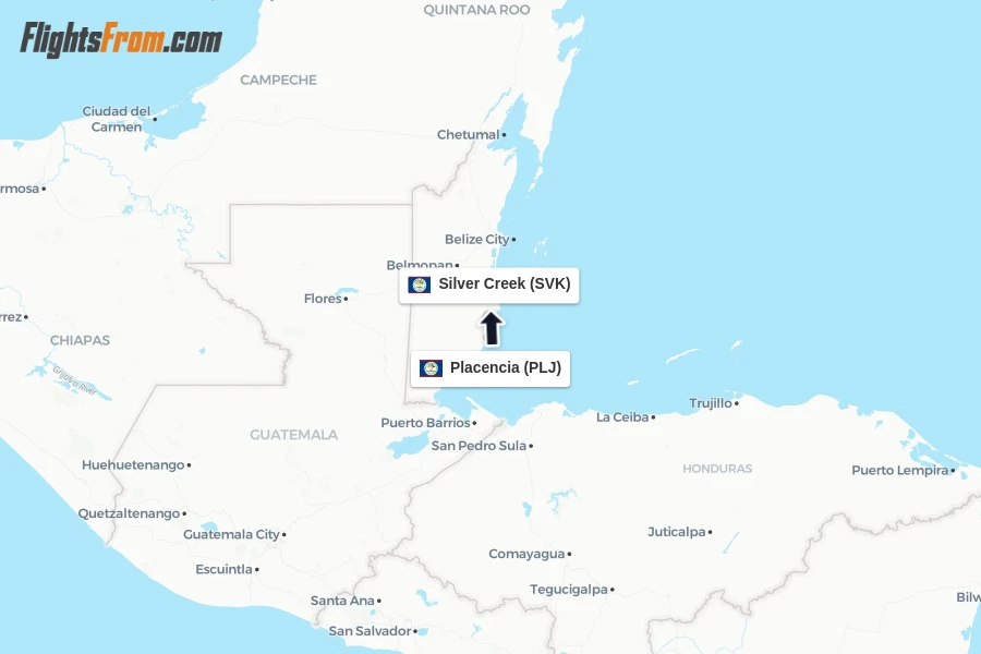Flights from Placencia to Silver Creek route map