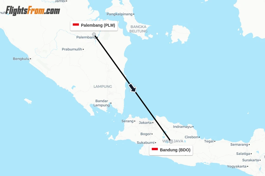Flights from Palembang to Bandung route map