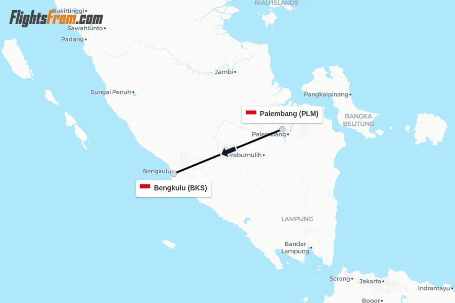 Flights from Palembang to Bengkulu route map