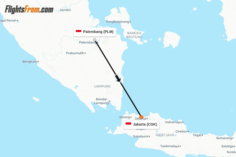 Flights from Palembang to Jakarta route map