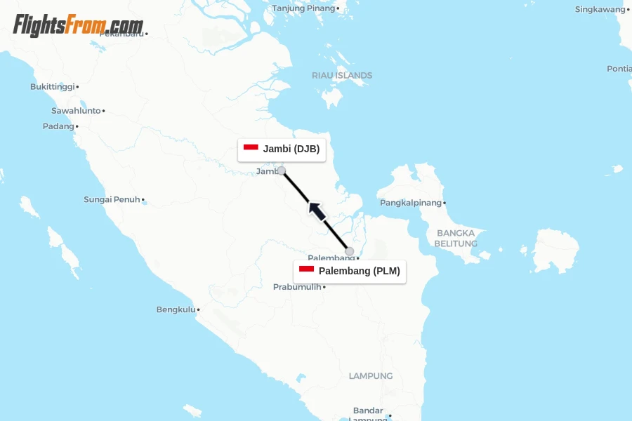 Flights from Palembang to Jambi route map