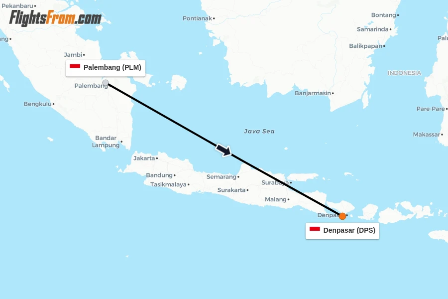 Flights from Palembang to Denpasar route map