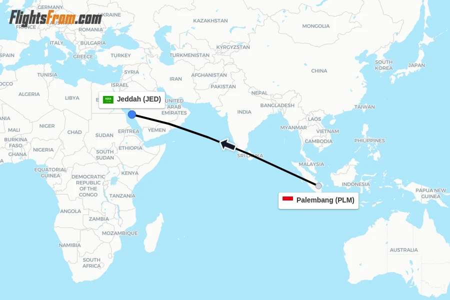 Flights from Palembang to Jeddah route map