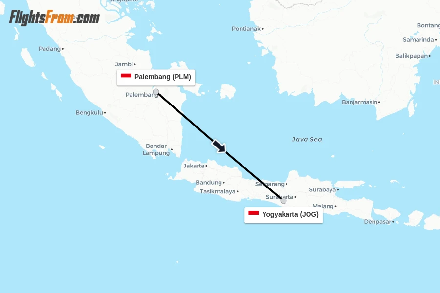 Flights from Palembang to Yogyakarta route map