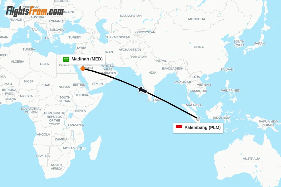 Flights from Palembang to Madinah route map