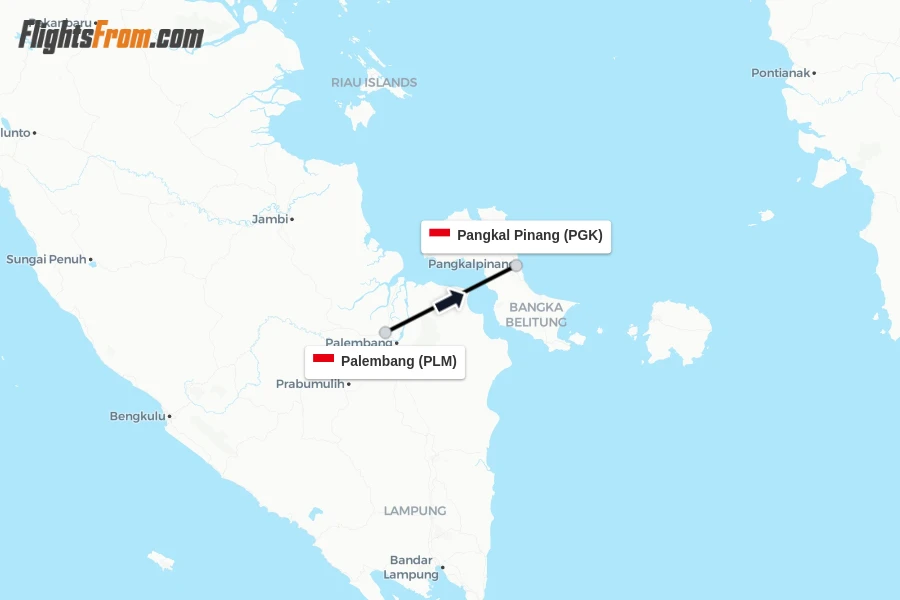 Flights from Palembang to Pangkal Pinang route map