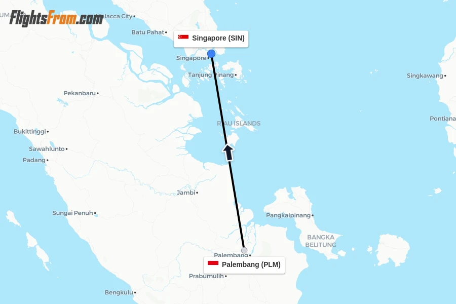 Flights from Palembang to Singapore route map