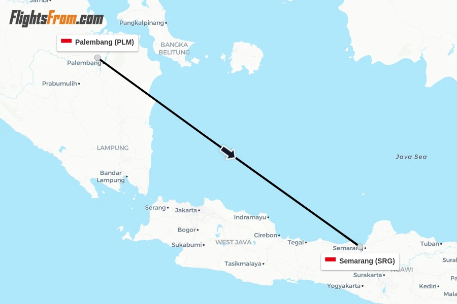 Flights from Palembang to Semarang route map