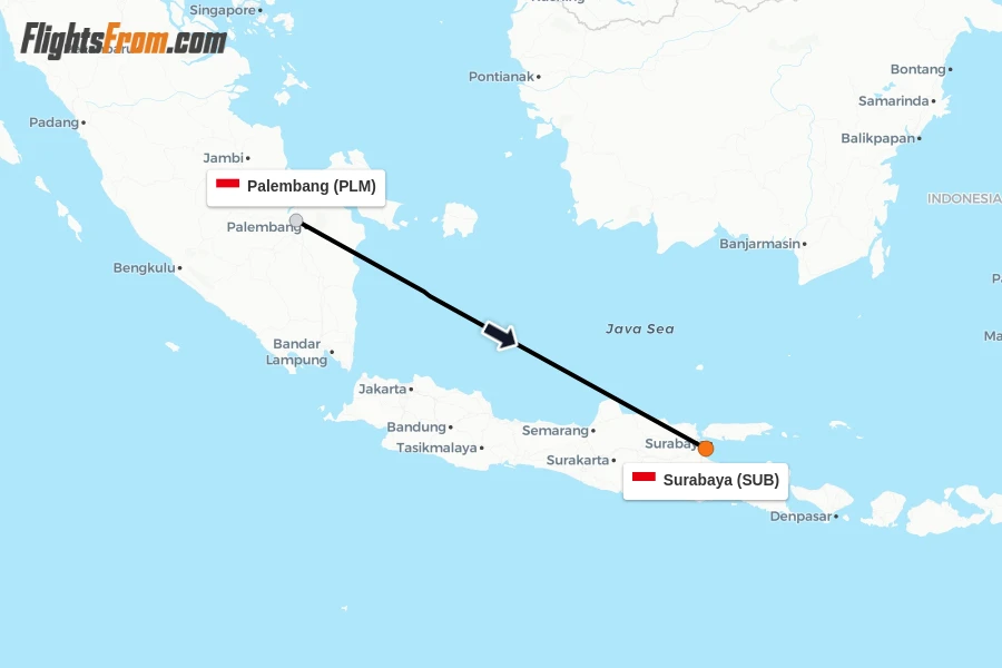 Flights from Palembang to Surabaya route map