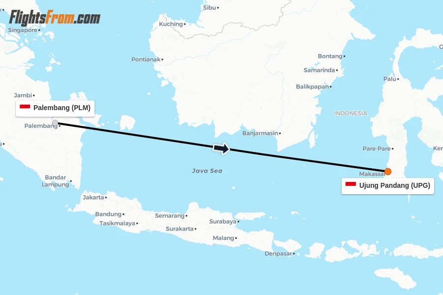 Flights from Palembang to Ujung Pandang route map