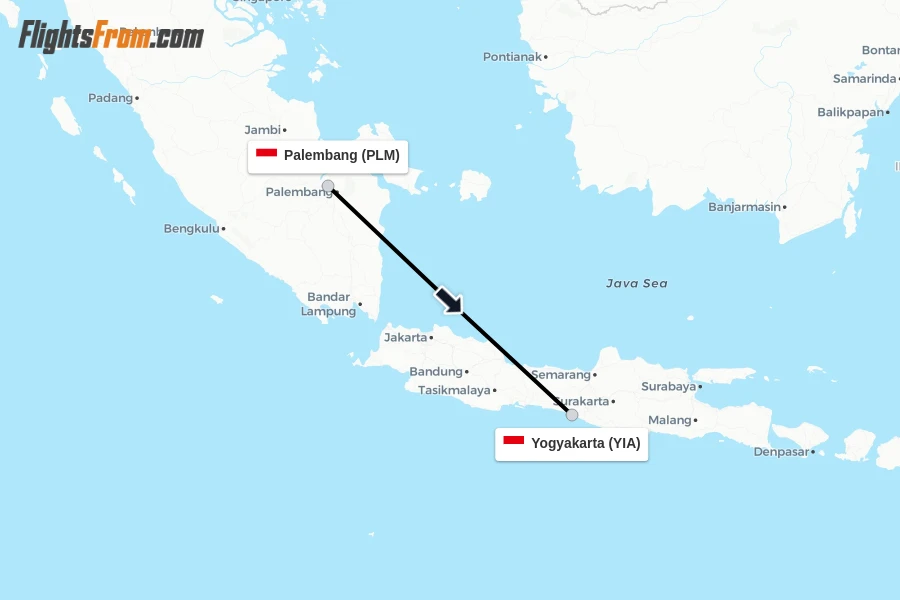 Flights from Palembang to Yogyakarta route map