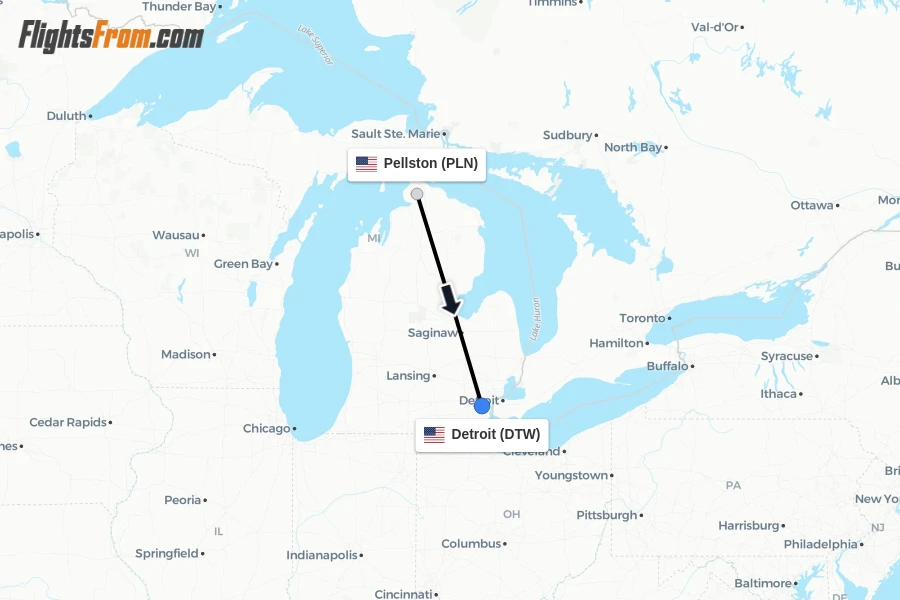 Flights from Pellston to Detroit route map