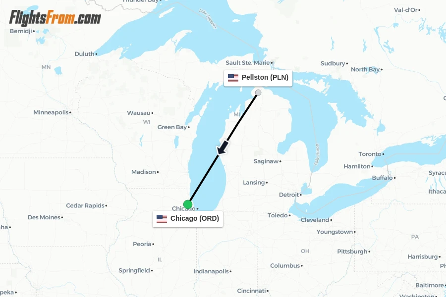 Flights from Pellston to Chicago route map