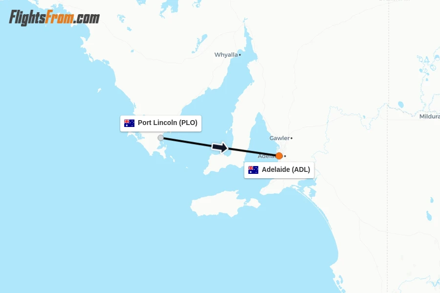 Flights from Port Lincoln to Adelaide route map