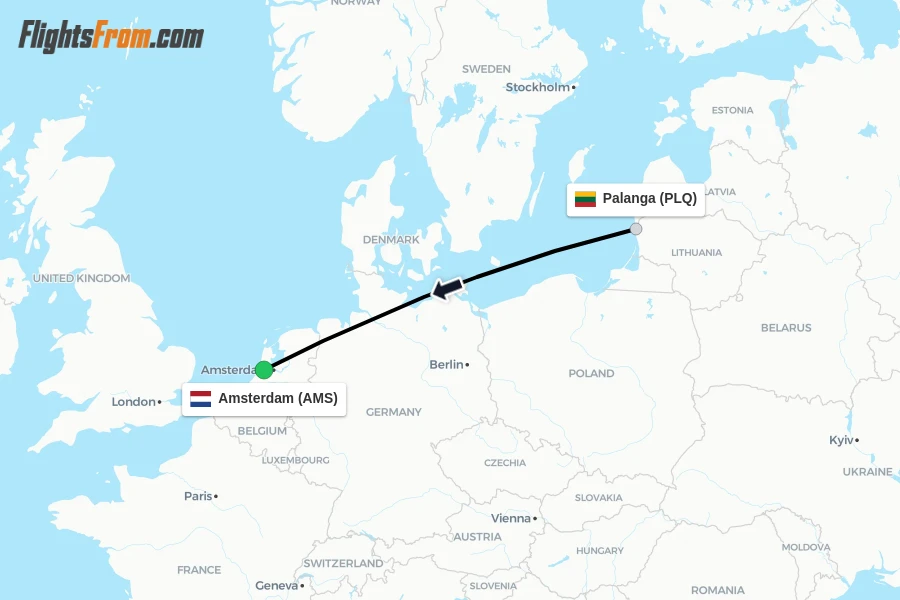 Flights from Palanga to Amsterdam route map