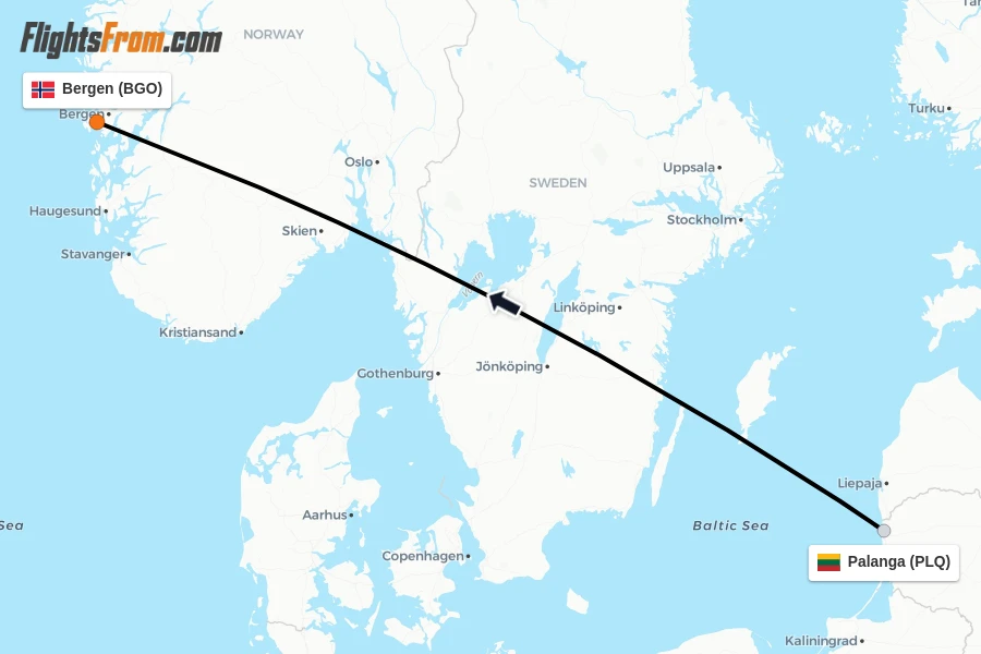 Flights from Palanga to Bergen route map