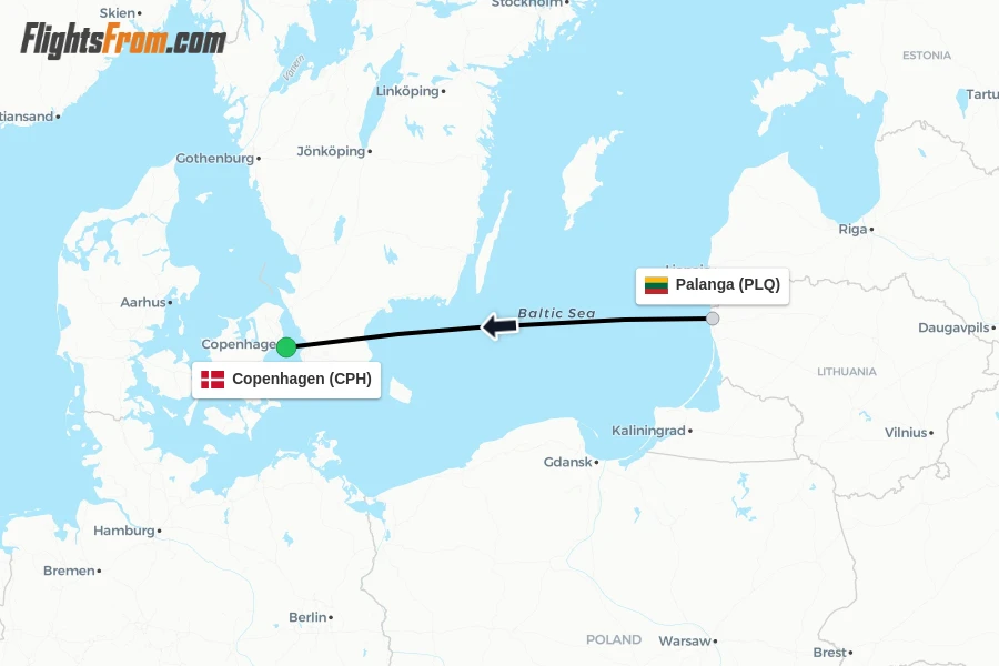 Flights from Palanga to Copenhagen route map