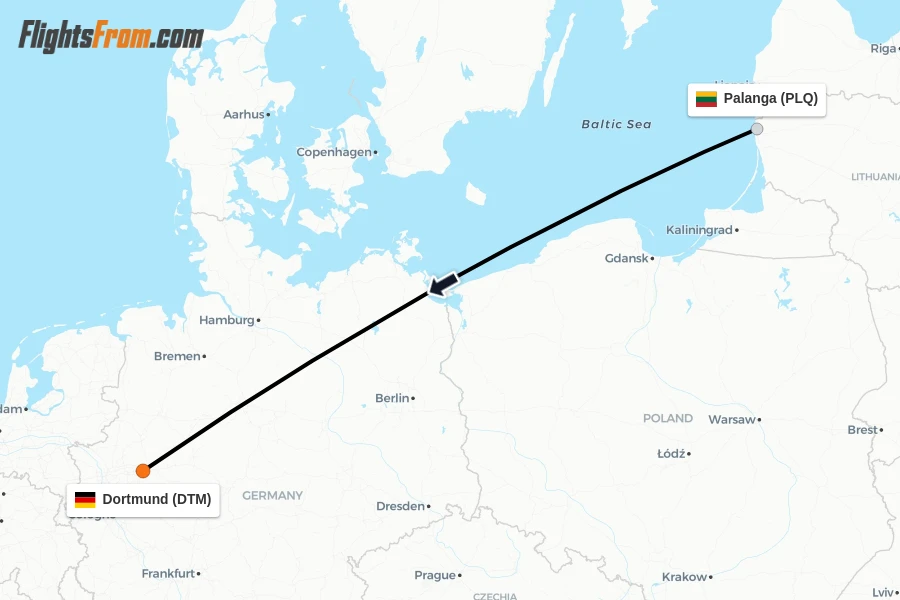 Flights from Palanga to Dortmund route map