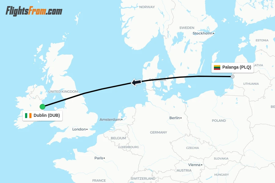 Flights from Palanga to Dublin route map