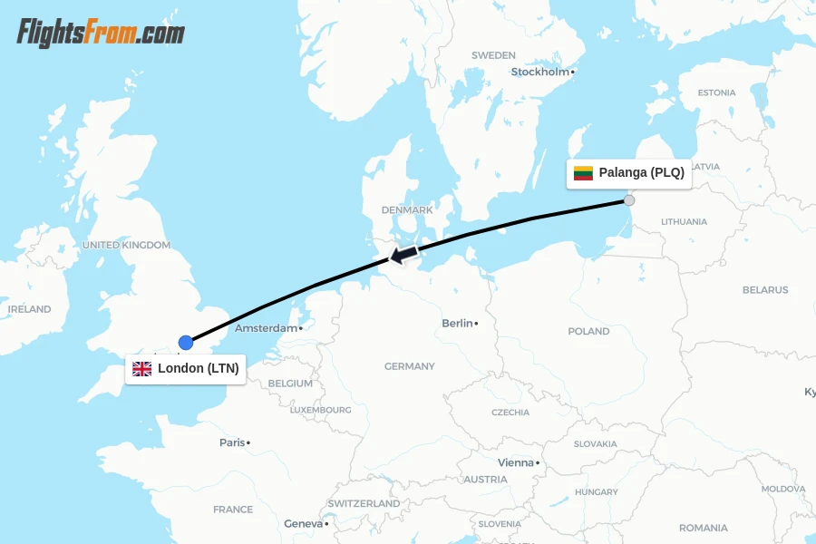 Flights from Palanga to London route map