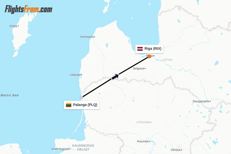 Flights from Palanga to Riga route map