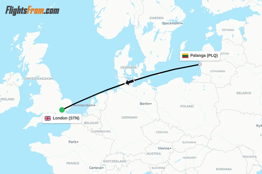 Flights from Palanga to London route map